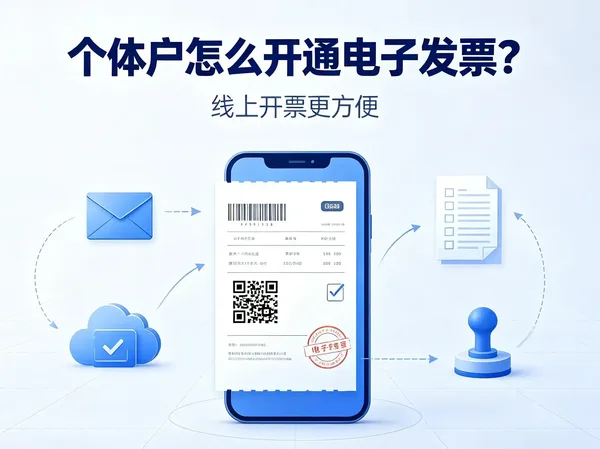 图示标题「个体户怎么开通电子发票？线上开票更方便」，手机屏上是一张带条码、二维码和红色印章的票样。