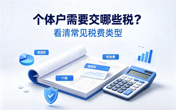 图示标题:个体户需要交哪些税,画面是摊开的账本和计算器,旁边标着增值税、个税、附加费