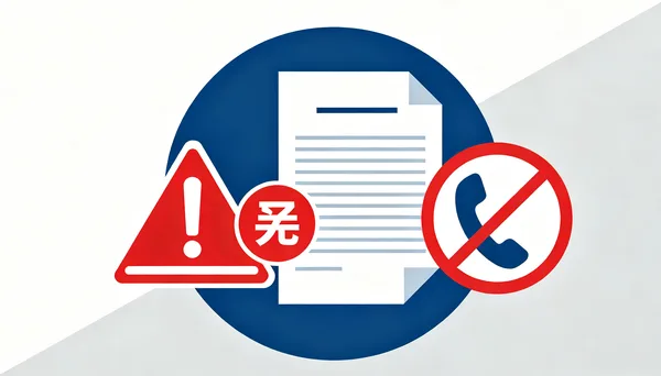 深蓝圆底上一份文档，左侧红色警示三角，右侧电话听筒被红圈划掉，中间一枚红色圆形印记
