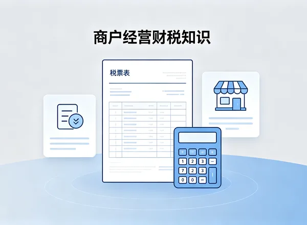 图示标题:商户经营财税知识,画面是一张标着「税票表」的表格、店铺图标卡片和计算器