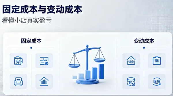 图示标题「固定成本与变动成本 看懂小店真实盈亏」，左右两栏各列四个蓝色图标，中间一架天平配柱状图。