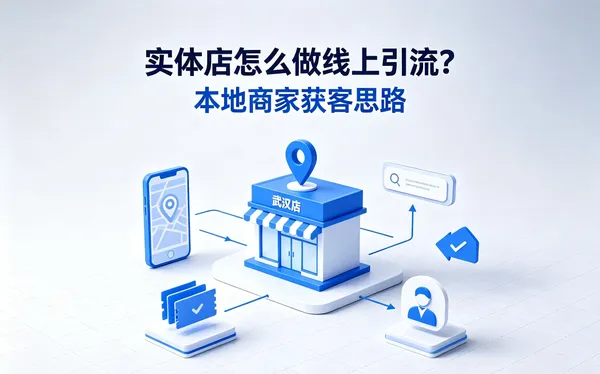 图示标题：实体店怎么做线上引流，配招牌「武汉店」的店铺与手机地图、定位图钉、优惠券图标