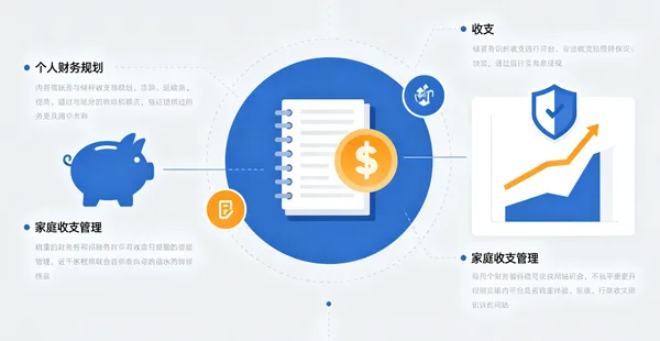 中间蓝圆里是笔记本和金币,左侧小猪存钱罐,右侧一张上扬折线图,四角标题下是无法辨读的占位文字