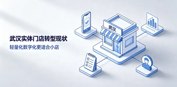 等距线描插画：招牌写「武汉」的店铺居中，四周连着手机对勾、柱状图表、清单和人像图标