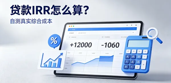 立体插画:平板屏幕上的表格显示 +12000 与 -1060,旁边是上扬的折线、蓝色计算器和百分号气泡